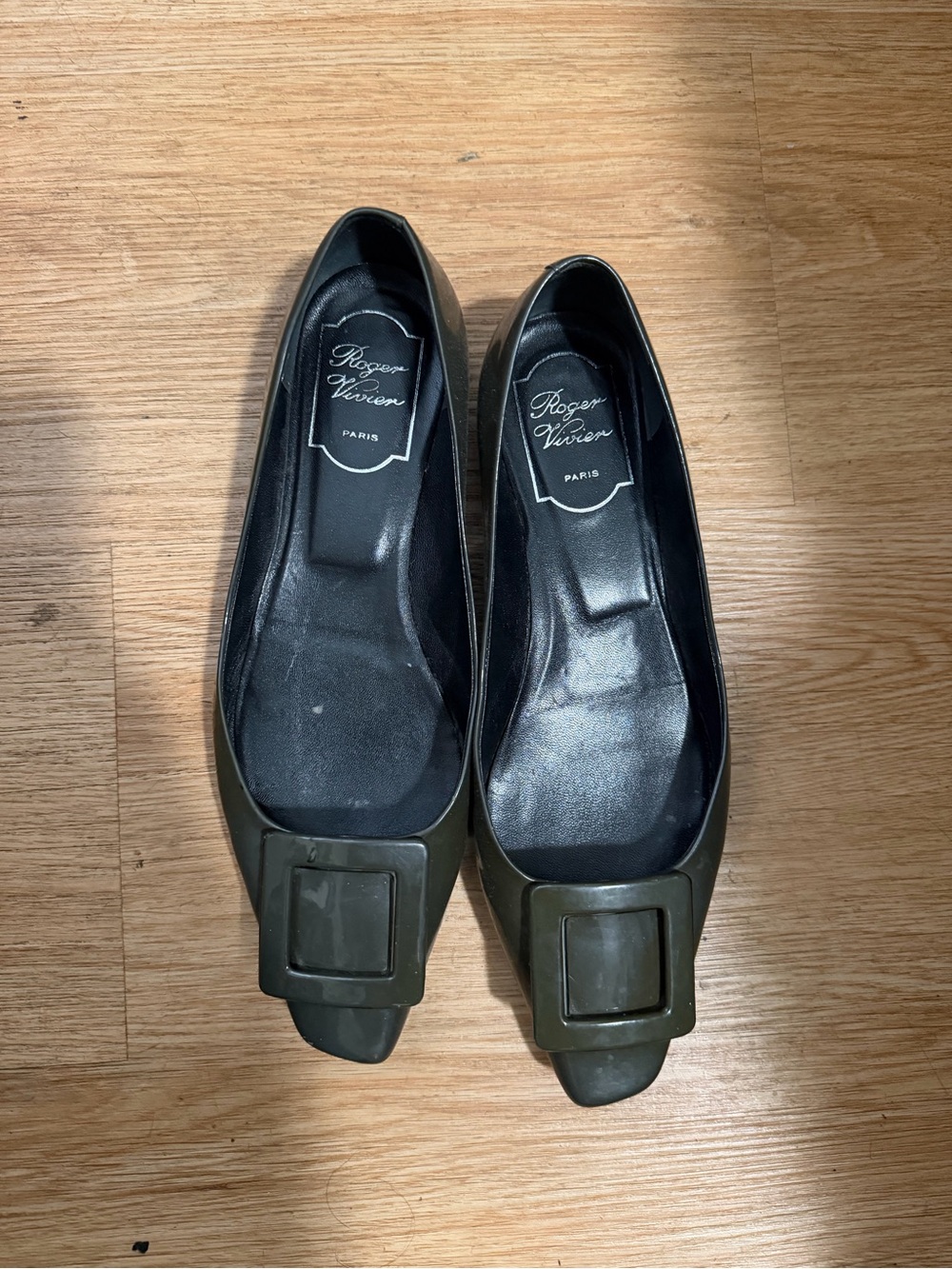 Roger Vivier Olive Green Square-Buckle Flats